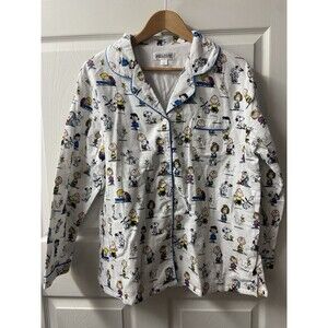 Peanuts Womens Large Flannel Lucy Linus Snoopy Button Sleep Shirt Pajama Top